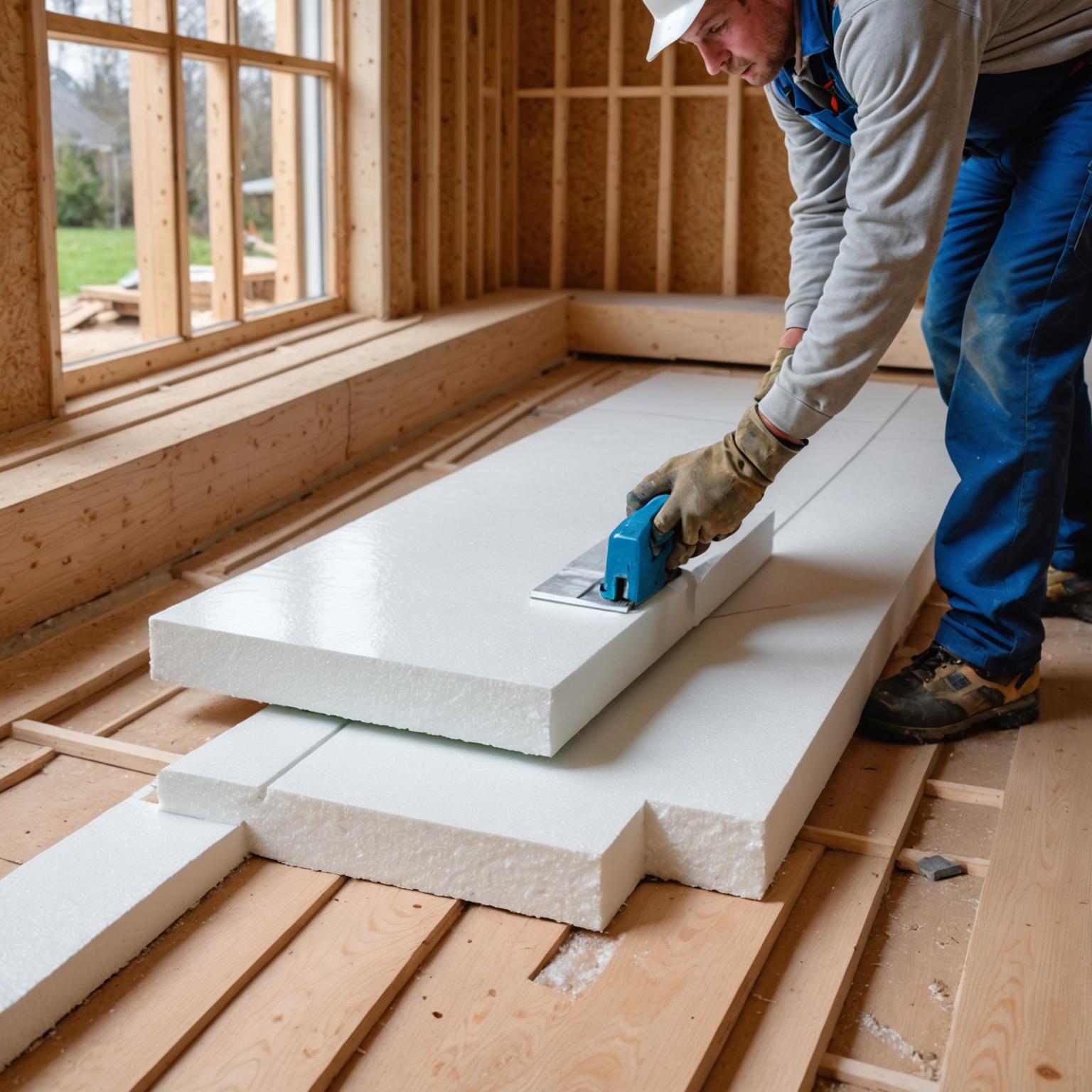 Worker installing underfloor insulation panels