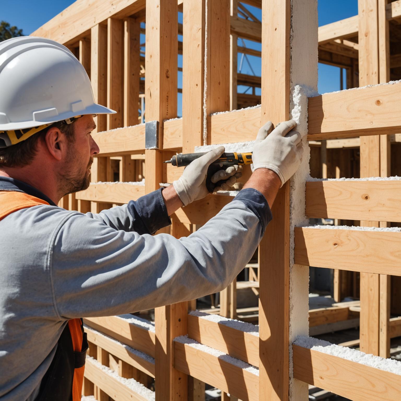 Polystyrene insulation panels being installed in a wall frame