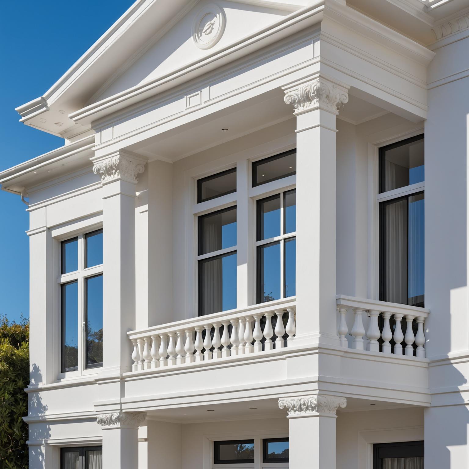 Rendered polystyrene mouldings installed on building exterior