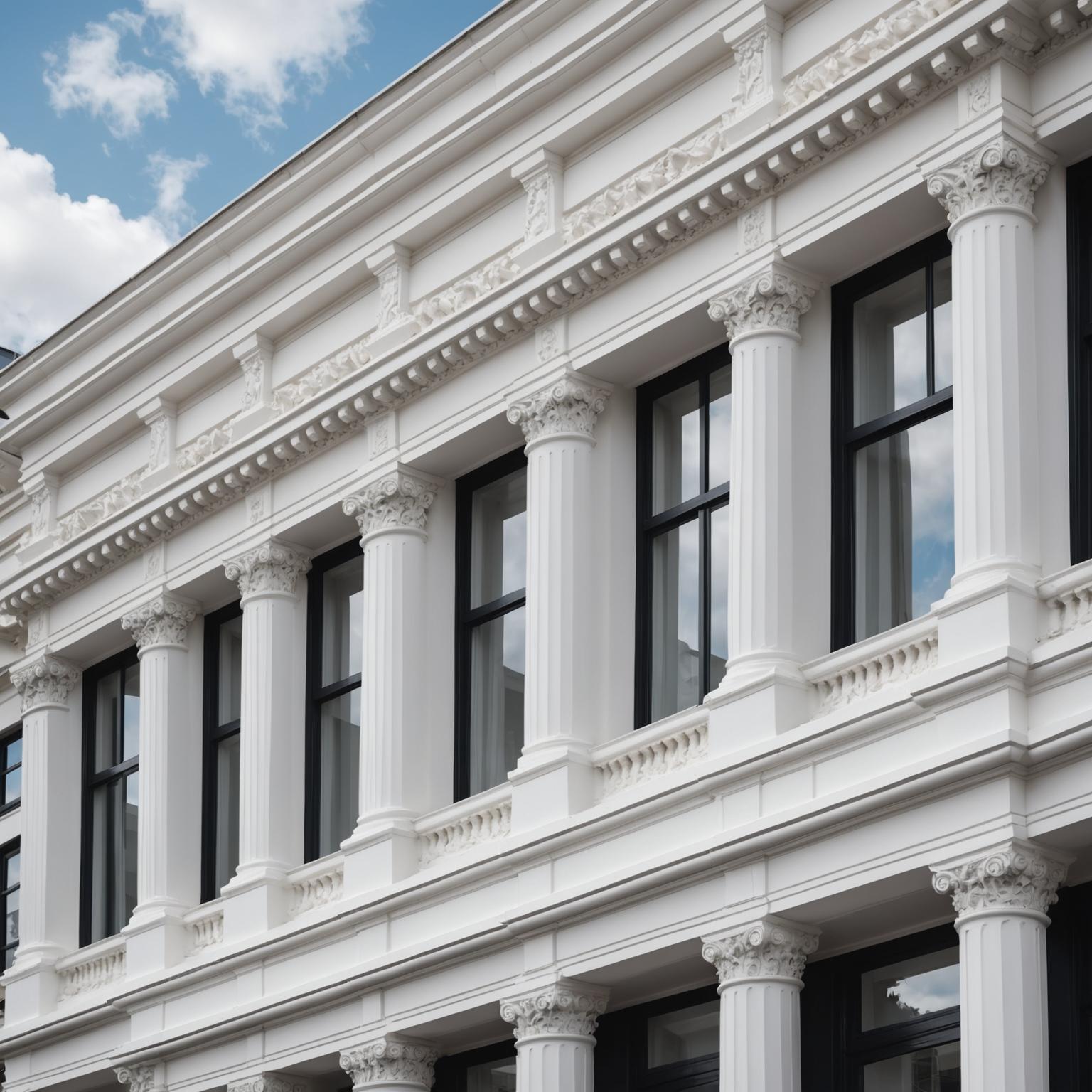 Decorative polystyrene mouldings on building exterior